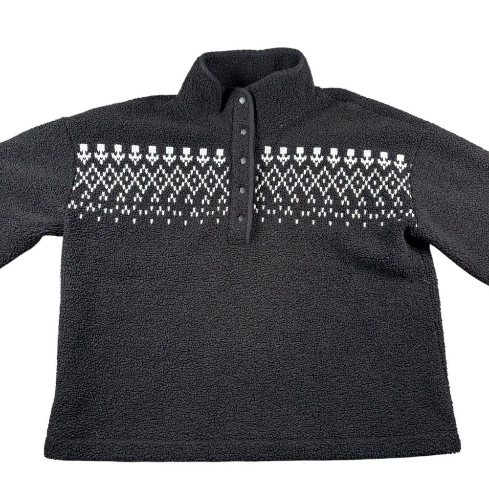 LOFT Black White Fair Isle Fleece Pullover Sweater Women XXL Snap Neck Cozy Boxy - Picture 2 of 8